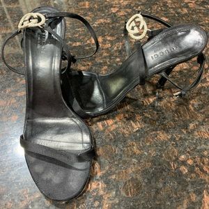 GUCCI Black Strappy Heels with crystal GG logo. Made in Italy. Size 7 1/2 B